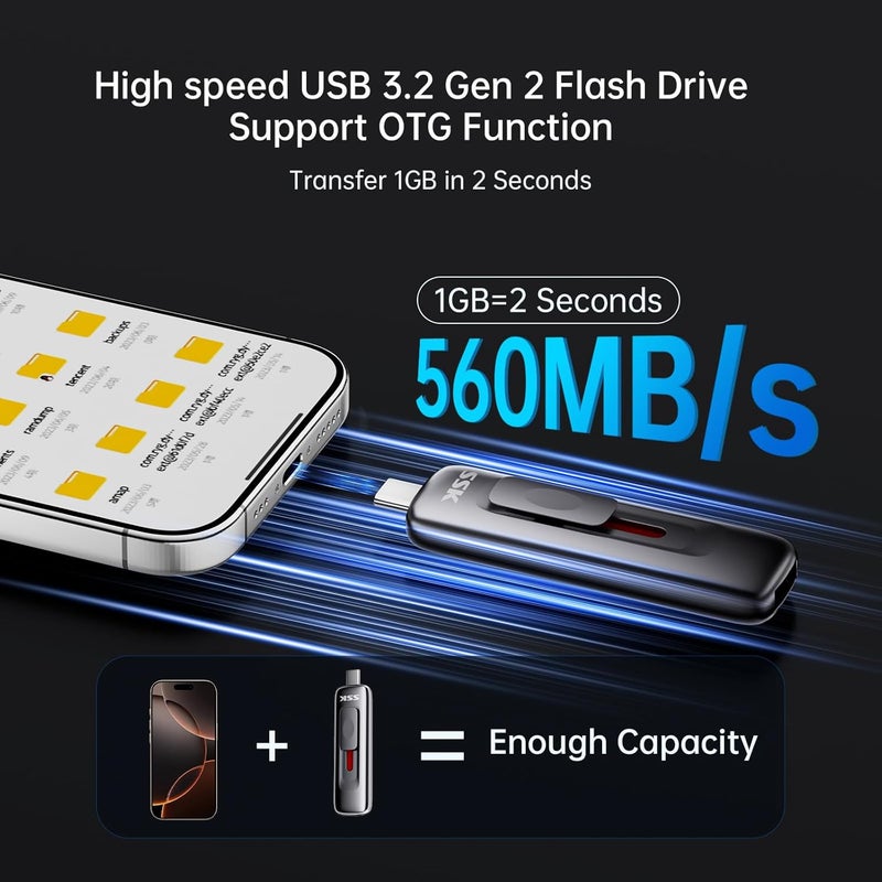 SSK 512gb Flash Drive,Fast Memory Stick with Sliding Dual USB 3.2 flashDrive Type-c +A up to 560 MB/s Read Speed Thumb-Drive,External Solid State-Drive for iPhone 15/16/17/Android/Windows/Tablet/TV - Image 4